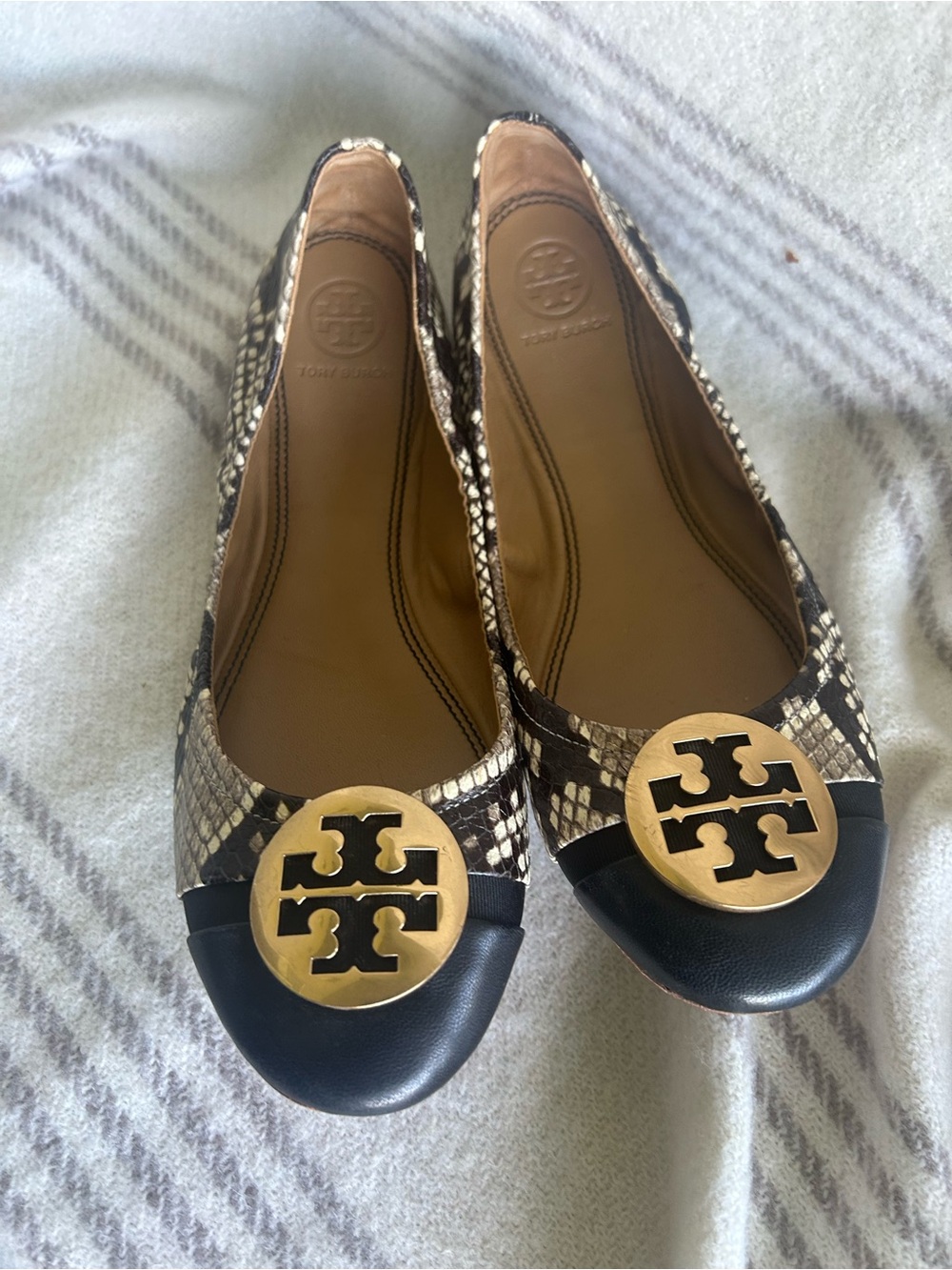 Tory Burch Black & Snakeskin Logo Medallion Ballet Flats